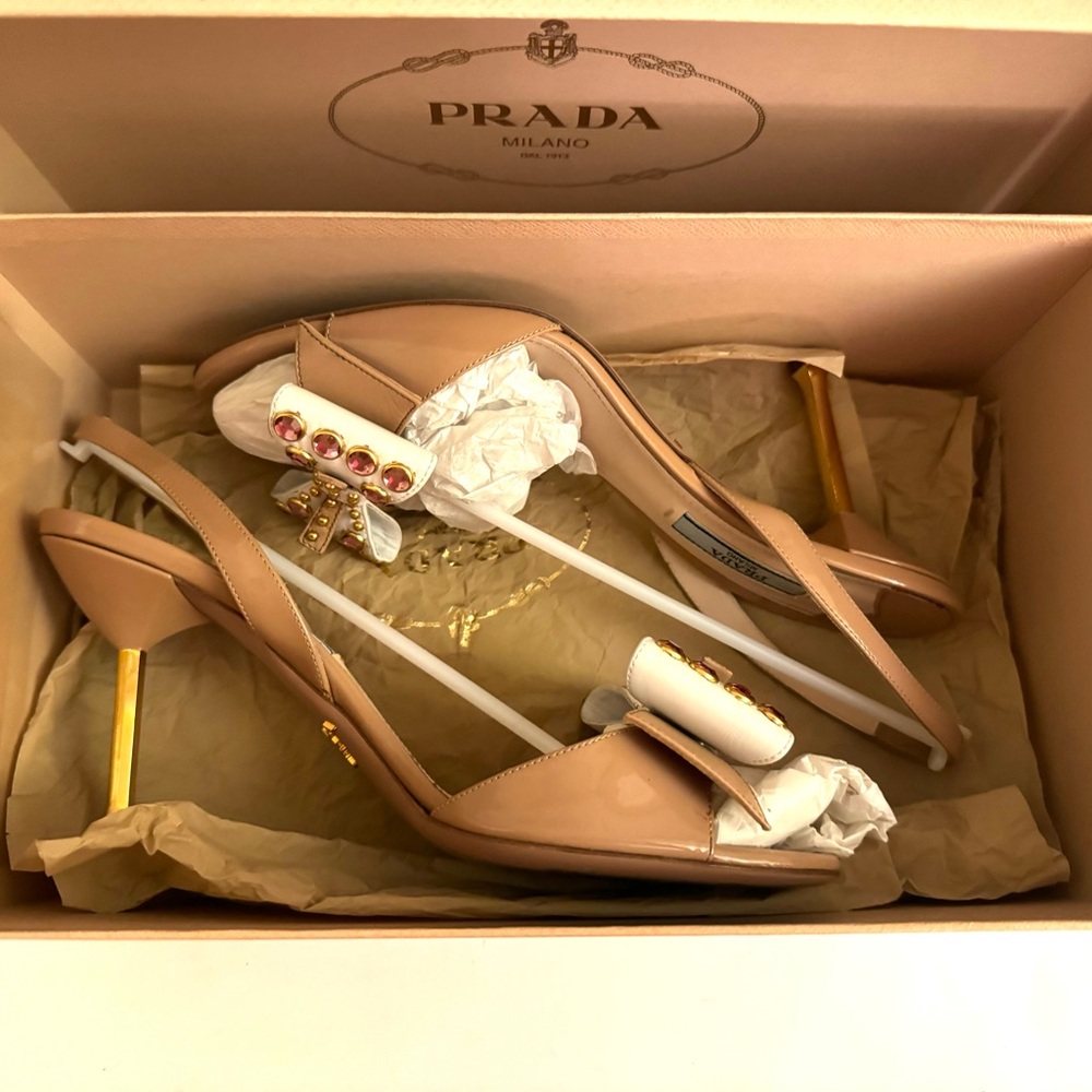 PRADA Nude Patent Leather Rhinestones Bow Slingbacks 8/38.5 EUC - Picture 8 of 8